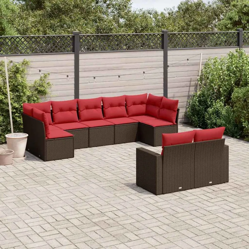 Salon de jardin avec coussins 9 pcs marron résine tressée