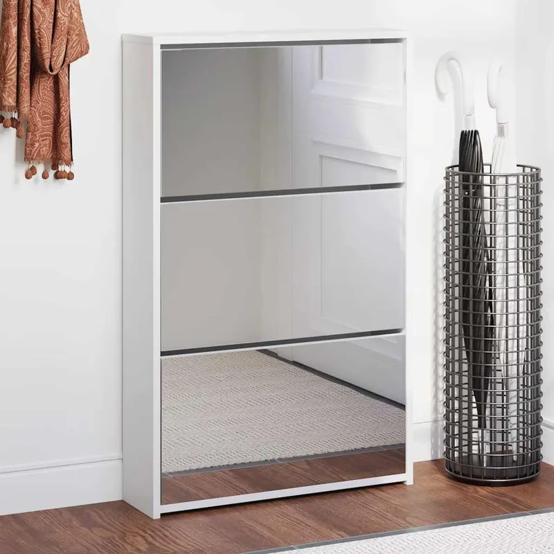 Schuhschrank with Spiegel 3-lagig Hochglanzweiß 63x17x102,5 cm
