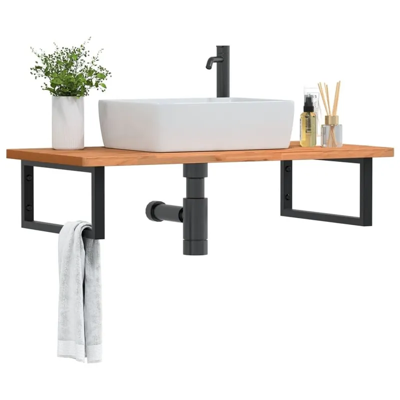 Waschbeckenregal Wandmontage Stahl und Massivholz Buche