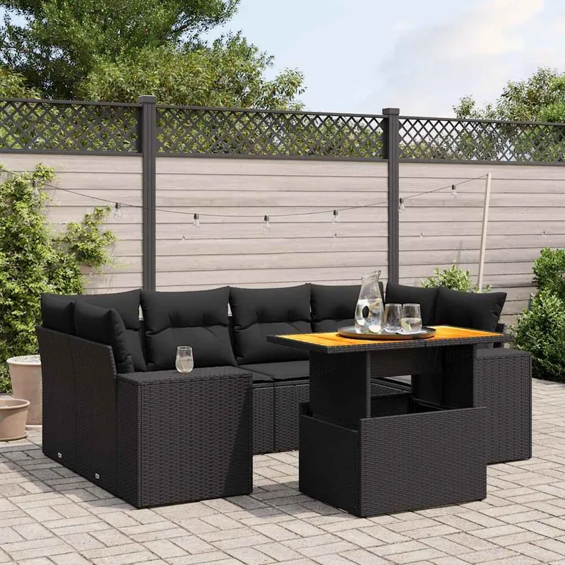 7-tlg. Garten-Sofagarnitur mit Kissen Schwarz Poly Rattan