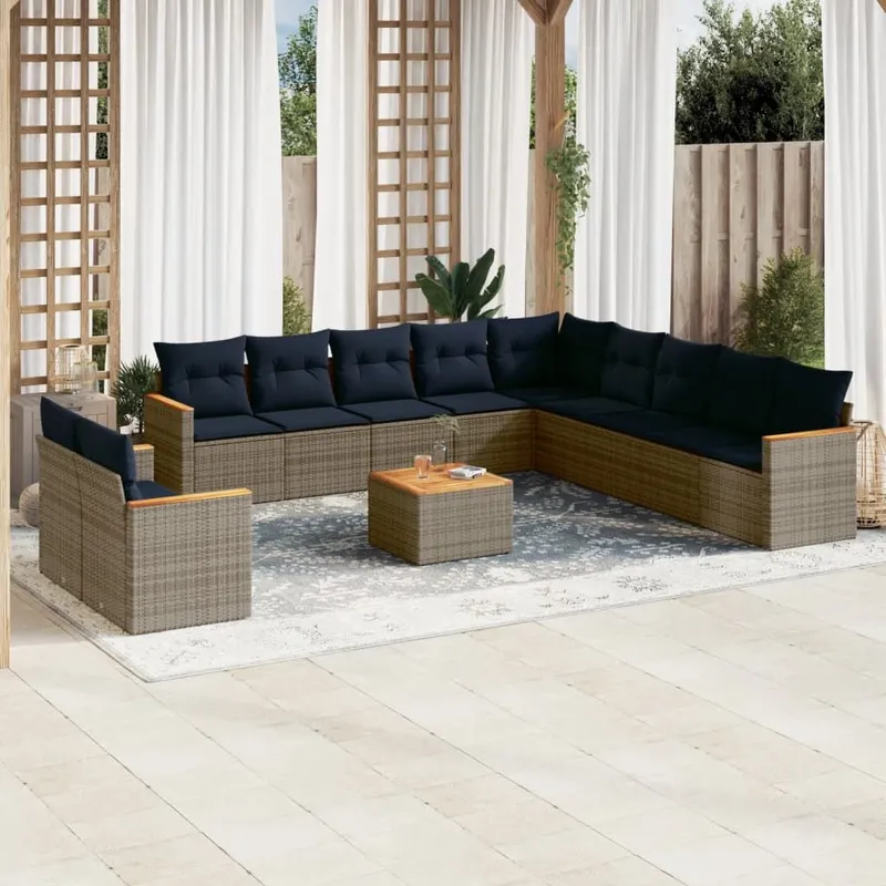 12-teiliges Gartensofa-Set mit Kissen, grau, Polyrattan