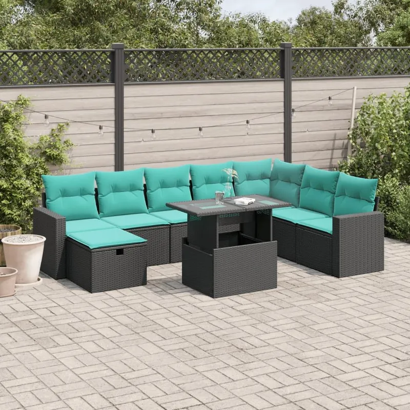9-teiliges Gartensofa-Set mit Kissen, schwarzes Polyrattan