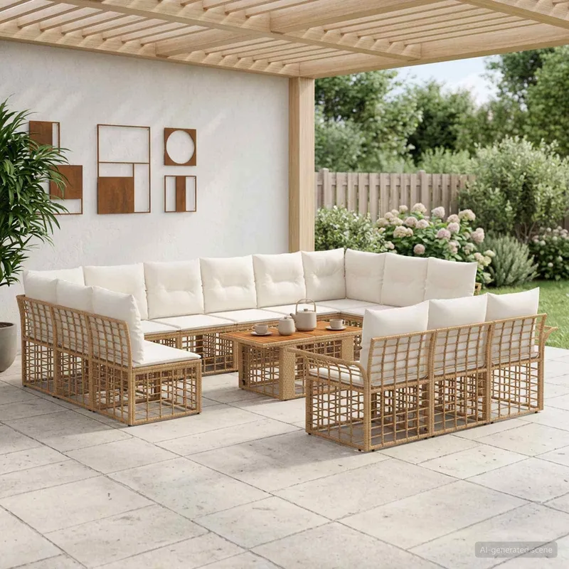 set divano da giardino 14 pz. naturale e Cremweiß polyrattan