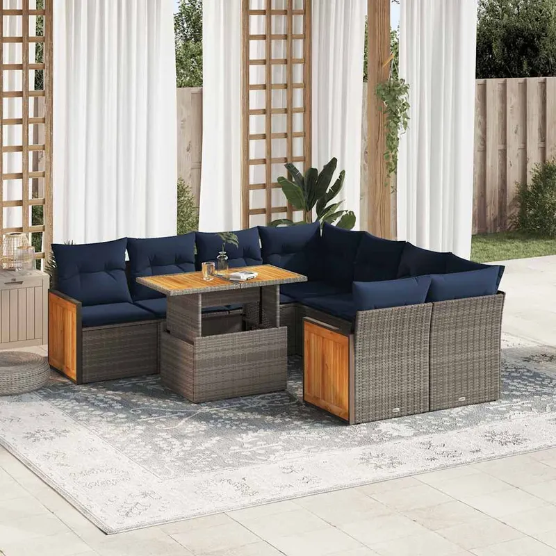 9-tlg. Garten-Sofagarnitur mit Kissen Grau Poly Rattan Akazie