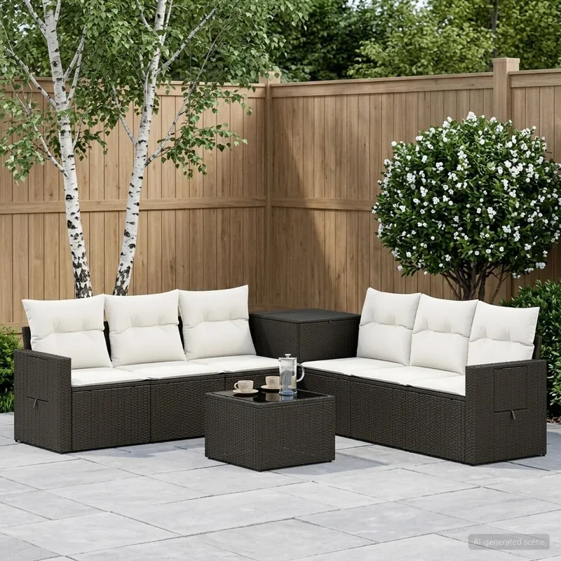 Sofa Set 8 stk. Schwarz und Cremeweiß Polyrattan und Stahl