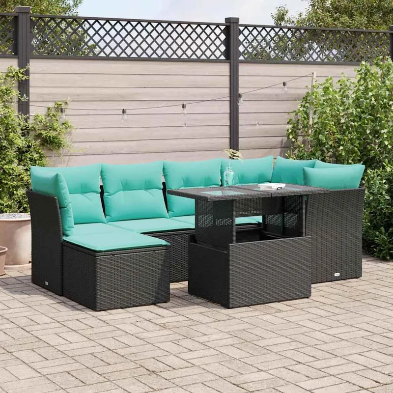 7-tlg. set divano da giardino con cuscini nero Poly Rattan
