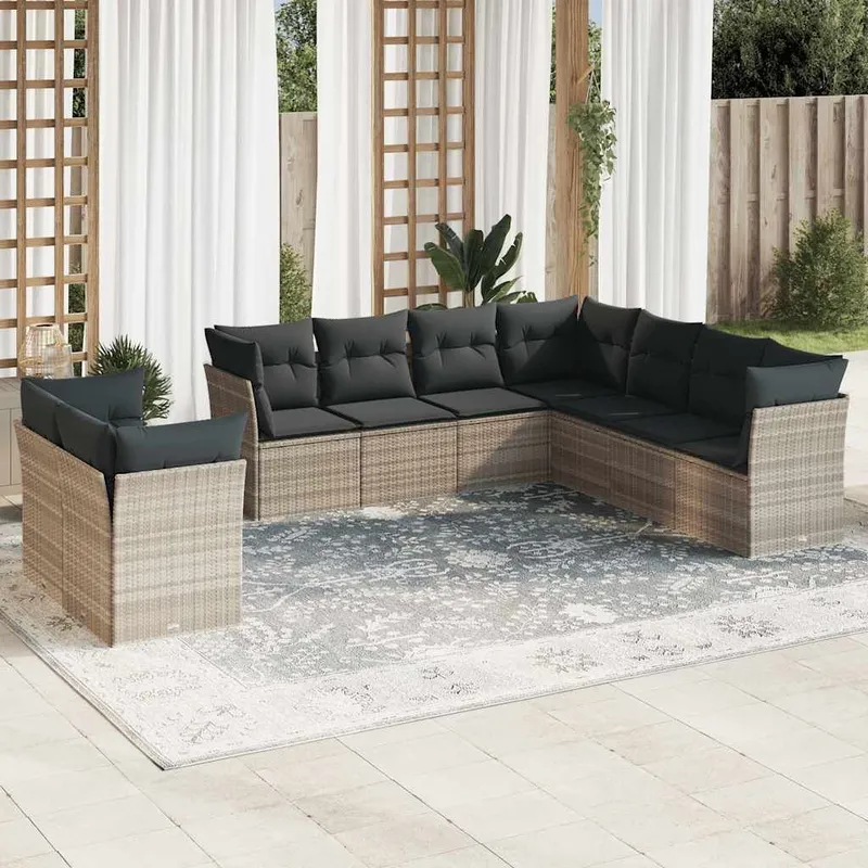 Salon de jardin 9 pcs avec coussins gris clair résine tressée