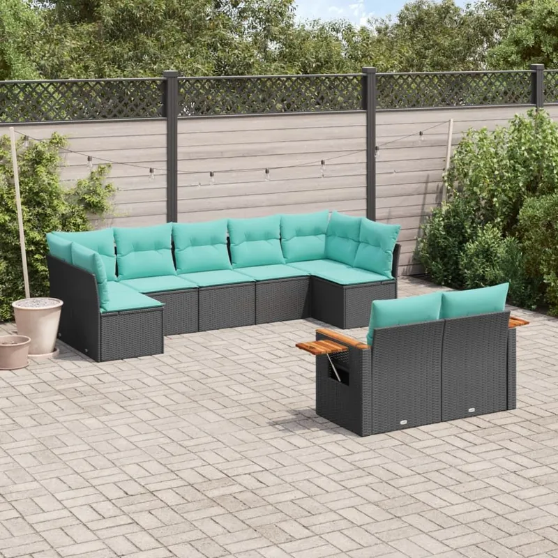 9-tlg. Garten-Sofagarnitur mit Kissen Schwarz Poly Rattan