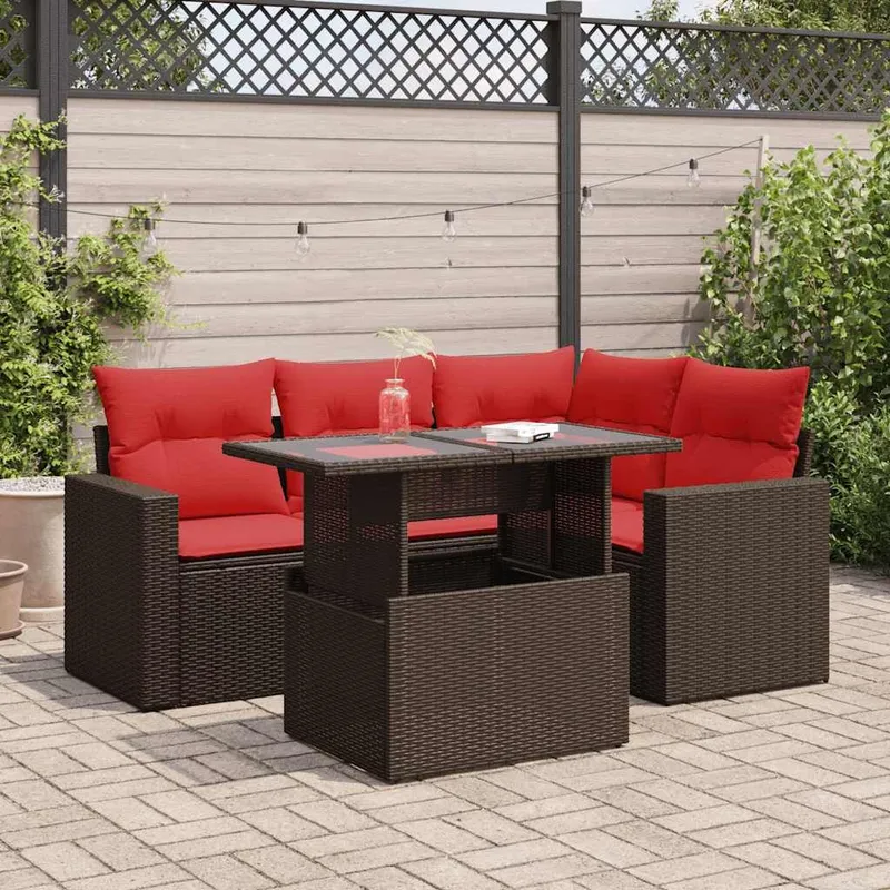 5-tlg. set divano da giardino con cuscini marrone Poly Rattan Akazie
