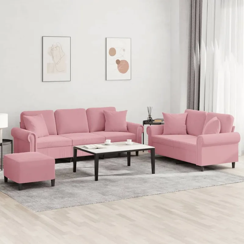 3-tlg. Sofagarnitur mit Kissen Rosa Samt