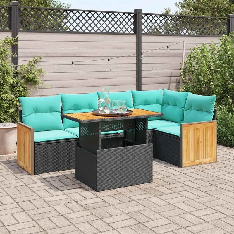 6-tlg. Garten-Sofagarnitur mit Kissen Schwarz Poly Rattan