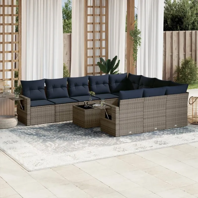 11 pezzi set divano da giardino con cuscini, grigio, polyrattan