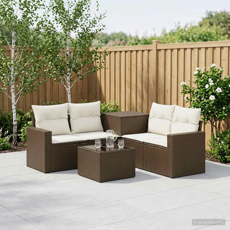 divano Set 6 pz. marrone e crema bianco polyrattan e acciaio
