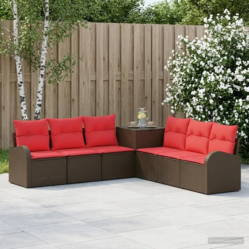 Sofa Set 7 stk. Braun und Rot Polyrattan und Stahl