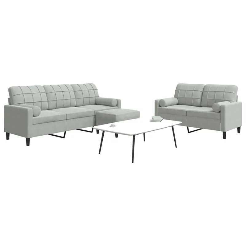3 pz. set divano con cuscini e Nackenrollen grigio chiaro velluto