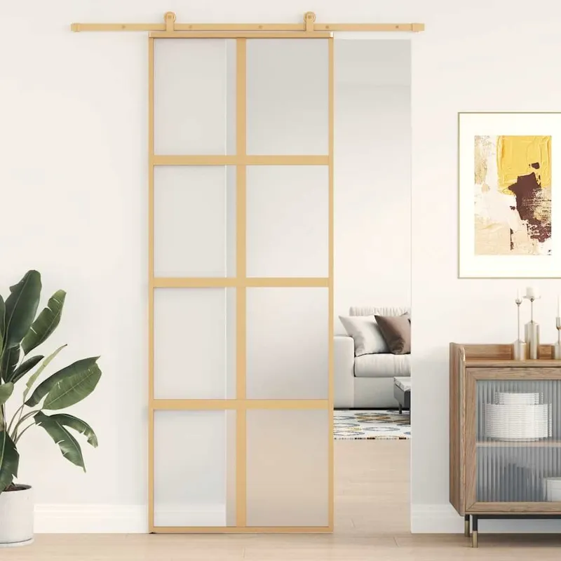 Porte coulissante doré 76x205 cm verre ESG dépoli et aluminium