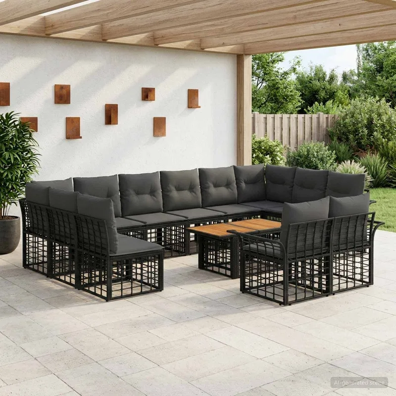 Ensemble de canapé de jardin 13 pc Noir et Gris foncé polyrotin