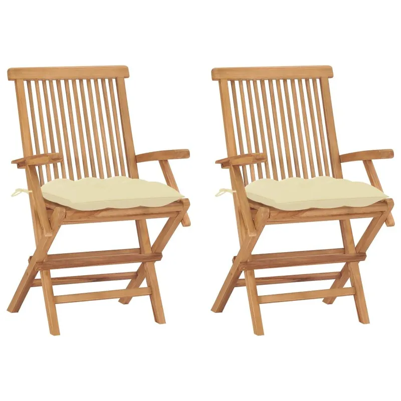 Klappstühle mit cremeweißen Kissen, 2 pieces, Massivholz Teakholz