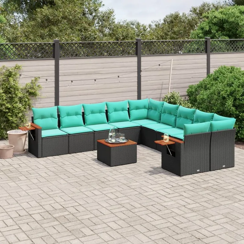 11-tlg. Garten-Sofagarnitur mit Kissen Schwarz Poly Rattan