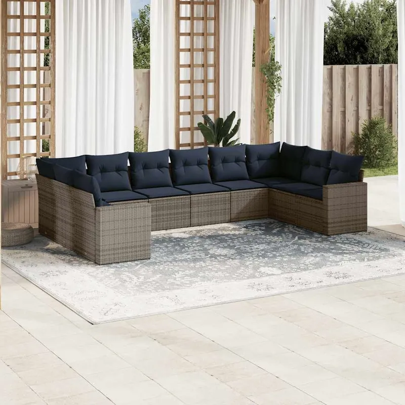 10-tlg. Garten-Sofagarnitur mit Kissen Grau Poly Rattan