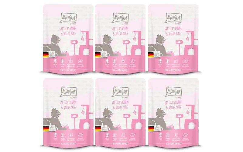 Mjamjam Nassfutter Quetschie Huhn & Wildlachs, 6 x 300 g