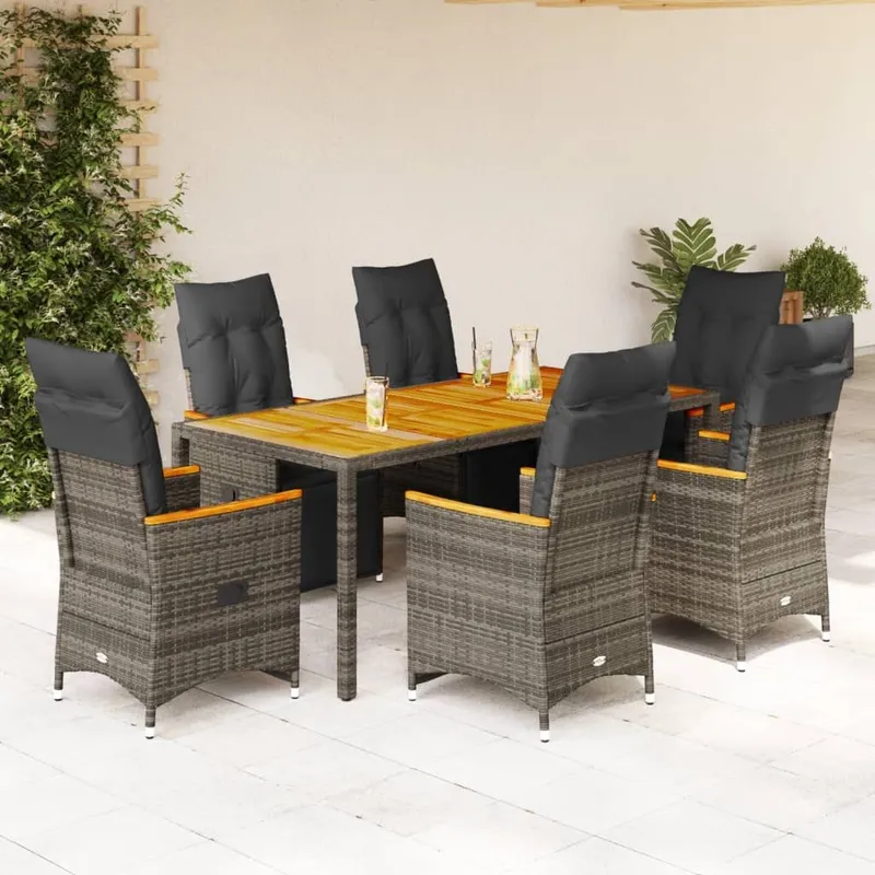 Ensemble de bistro de jardin 7 pcs coussins gris poly rotin