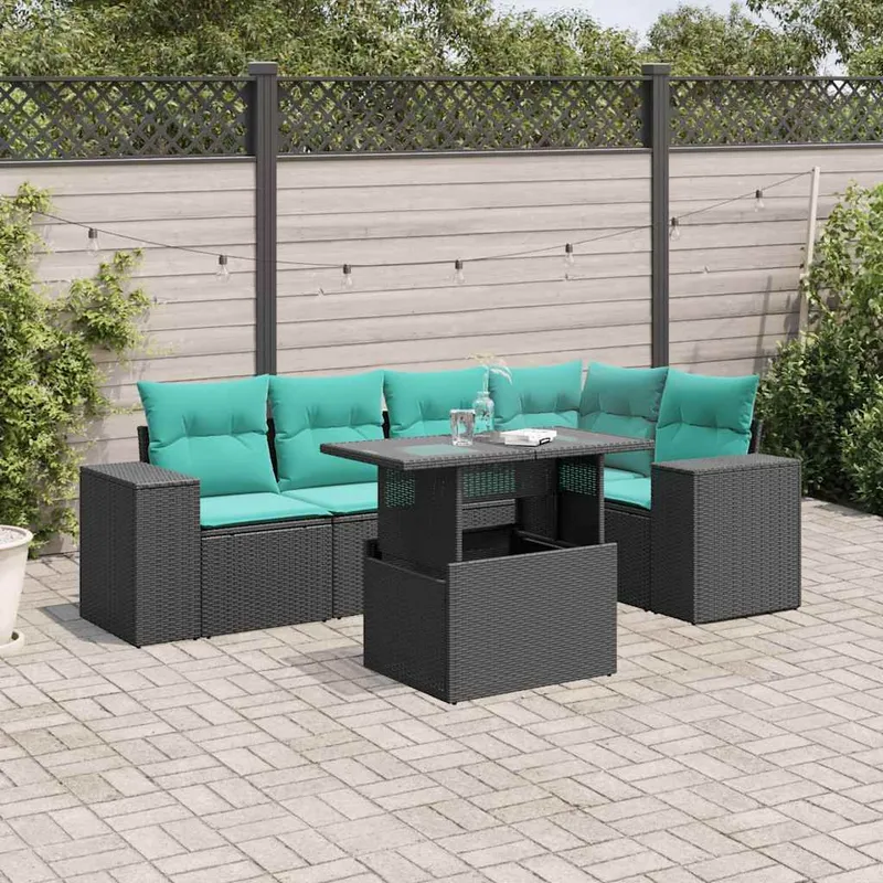 6 pièces salon de jardin avec coussins, noir polyrotin