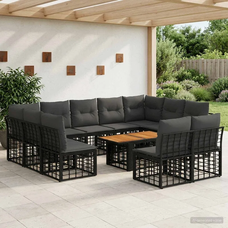 Ensemble de canapé de jardin 12 pc Noir et Gris foncé polyrotin