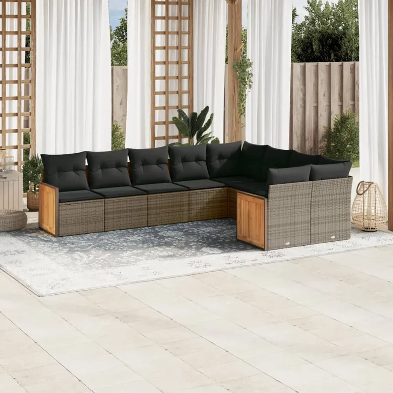 Salon de jardin 9 pcs avec coussins gris résine tressée
