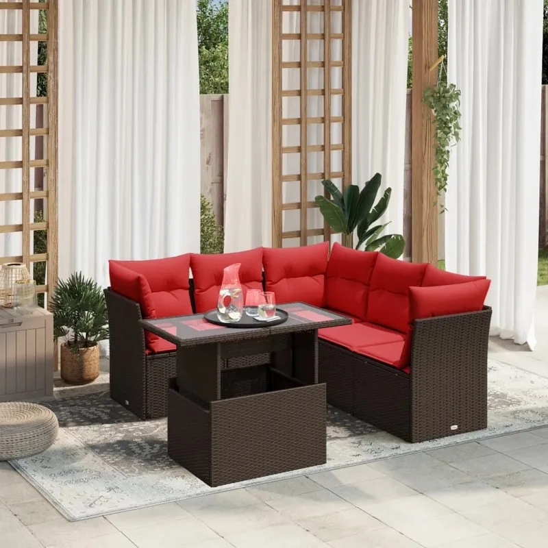6-teiliges Gartensofa-Set mit Kissen, braun, Polyrattan