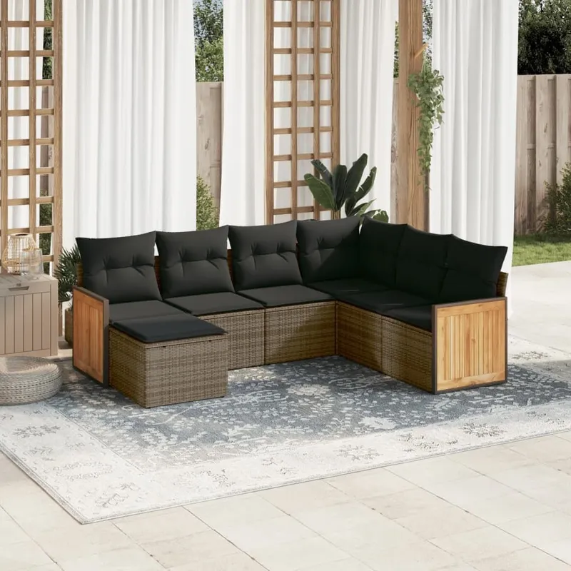 7-tlg. set divano da giardino con cuscini grigio Poly Rattan
