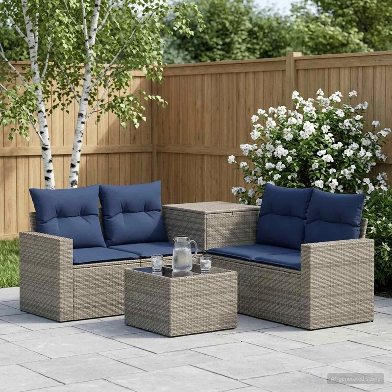 divano Set 6 pz. grigio e Marineblau polyrattan e acciaio