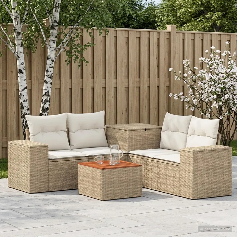 divano Set 6 pz. beige e bianco crema polyrattan e acciaio