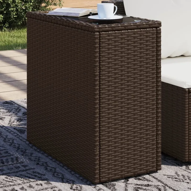 Garten-Beistelltisch mit Glasplatte marrone 58x27,5x55 cm Rattan