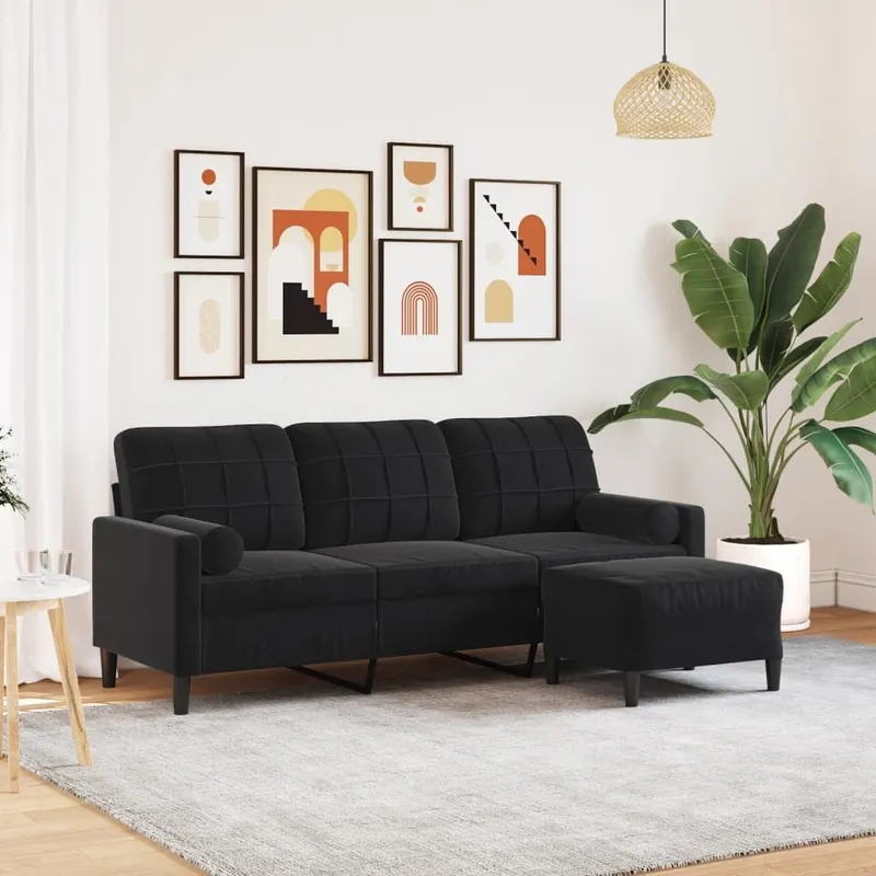 3-Sitzer-Sofa mit Hocker nero 180 cm Samt