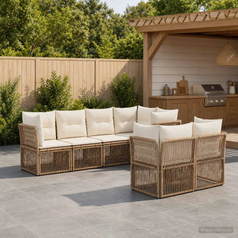 Gartensofa-set 7 stk. 7-Sitzanzahl Beige Poly-Rattan