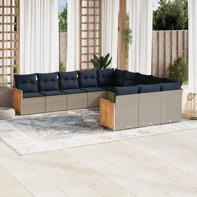 11 pezzi set divano da giardino con cuscini, grigio, polyrattan