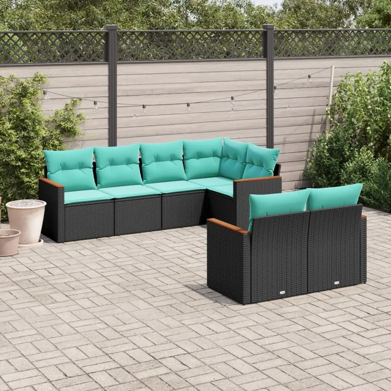 7 pezzi set divano da giardino con cuscini, nero polyrattan