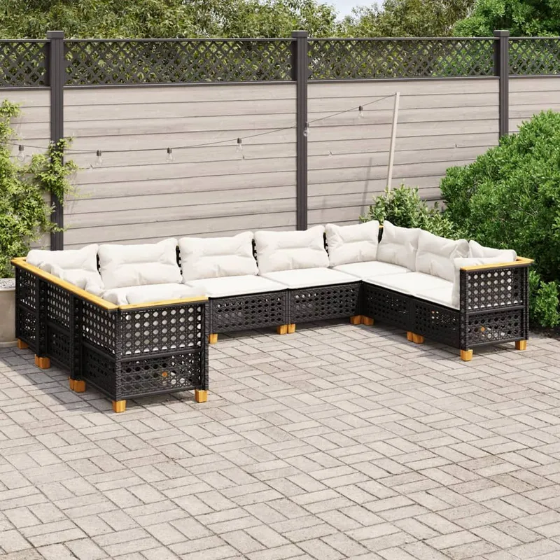 9-tlg. Garten-Sofagarnitur mit Kissen Schwarz Poly Rattan