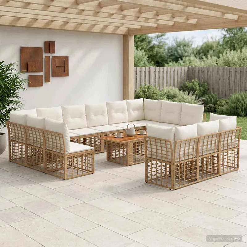 Ensemble de canapé de jardin 14 pc Blanc Naturel et Crème