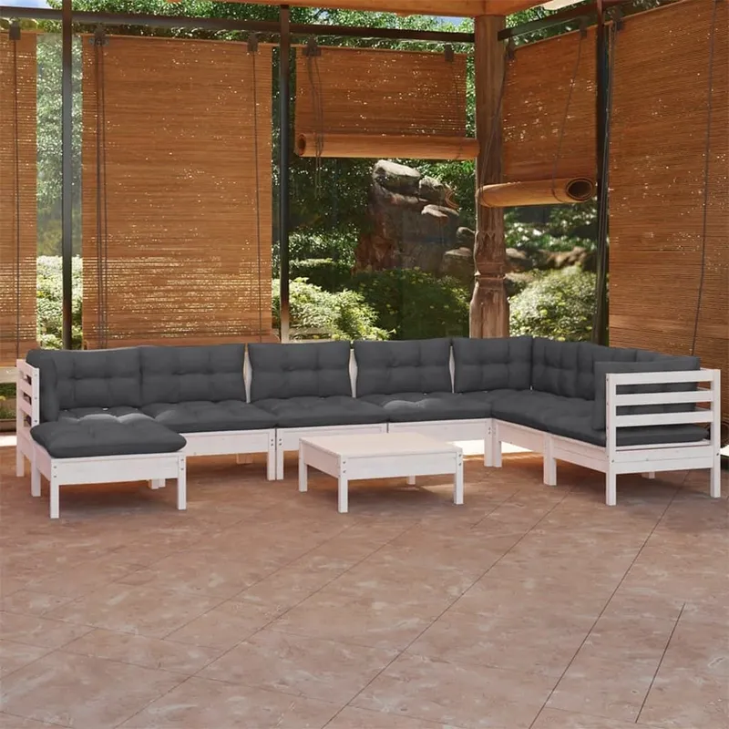 9-tlg. Garten-Lounge-Set mit Kissen white Kiefer Massivholz