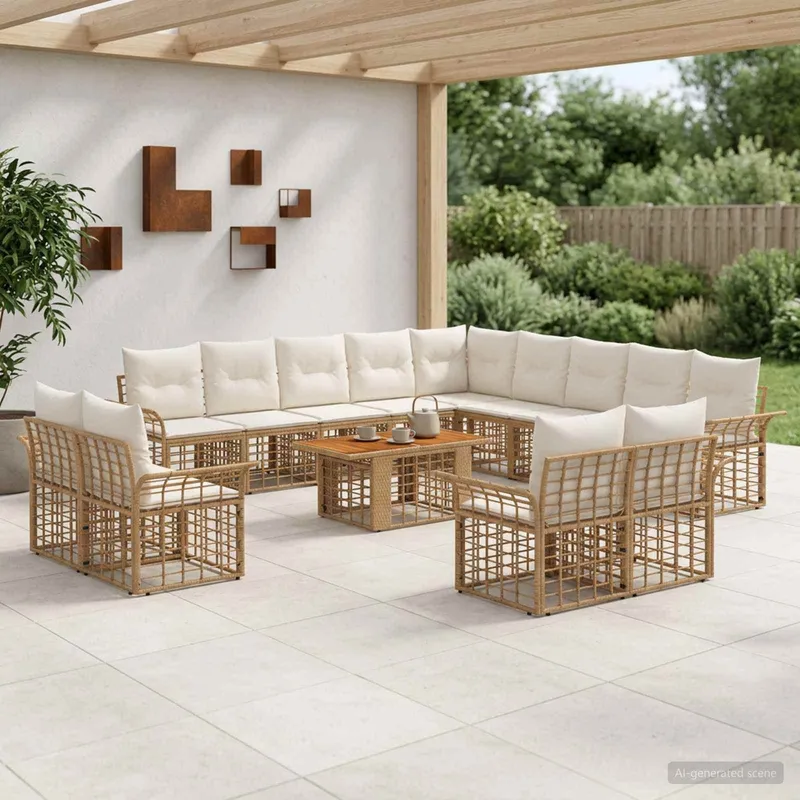 set divano da giardino 14 pz. naturale e Cremweiß polyrattan