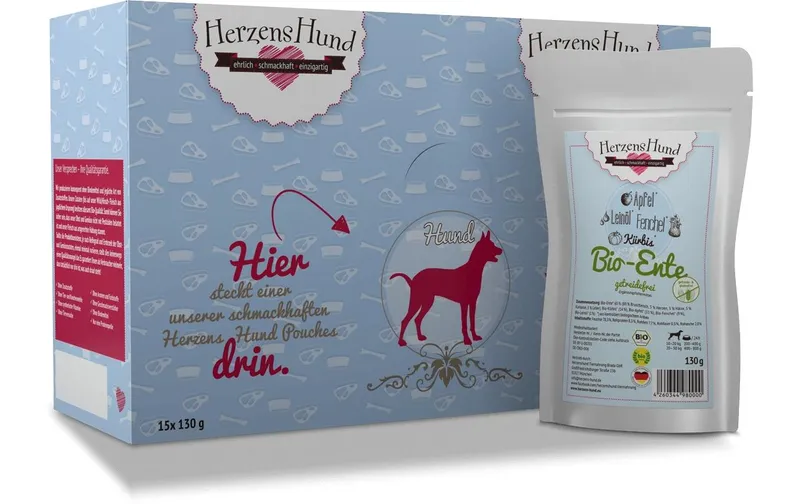 HerzensHund Nassfutter Getreidefrei Bio-Ente con Bio-Gemüse, 130 g