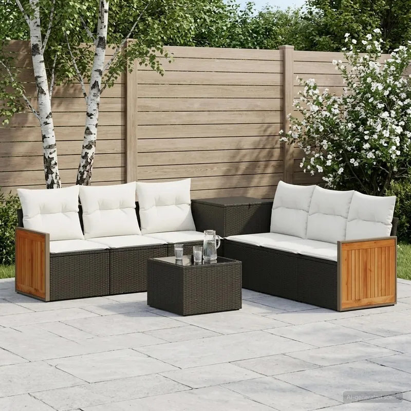 Sofa Set 8 stk. Schwarz und Cremeweiß Polyrattan und Stahl