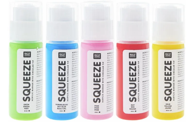 Rico Design Squeeze Acrylic Marker 5 x 60 ml, Regenbogenfarben