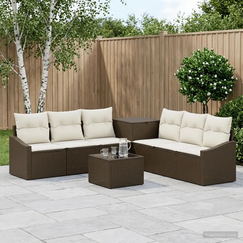 Sofa Set 8 stk. Braun und Creme Weiß Polyrattan und Stahl