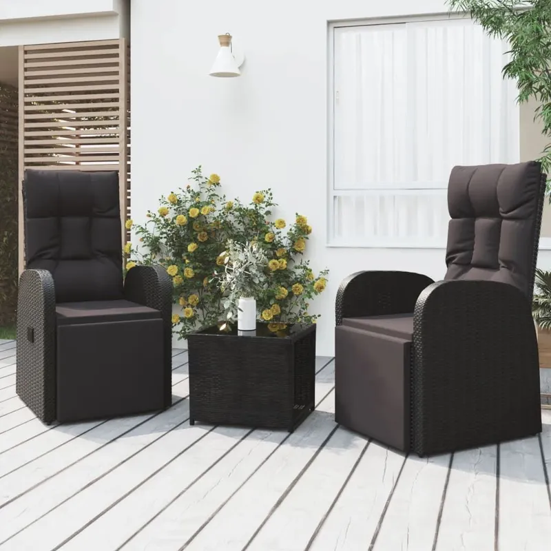 Ensemble de salon de jardin 3 pcs noir poly rotin et acier