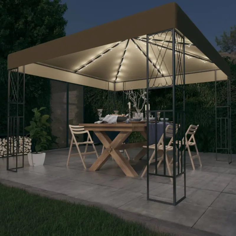 Pavillon mit LED-Lichterkette 3x3 m Taupe tessuto