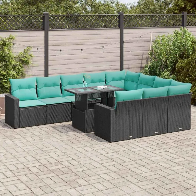 Salon de jardin et coussins 11 pcs noir résine tressée acacia