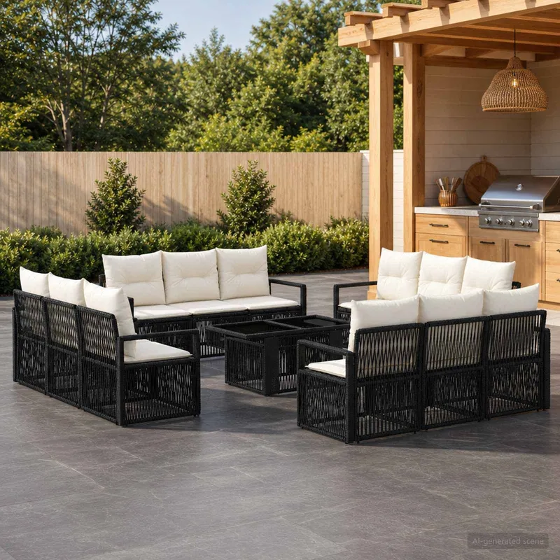 set divano da giardino 13 pz. nero e bianco crema polyrattan